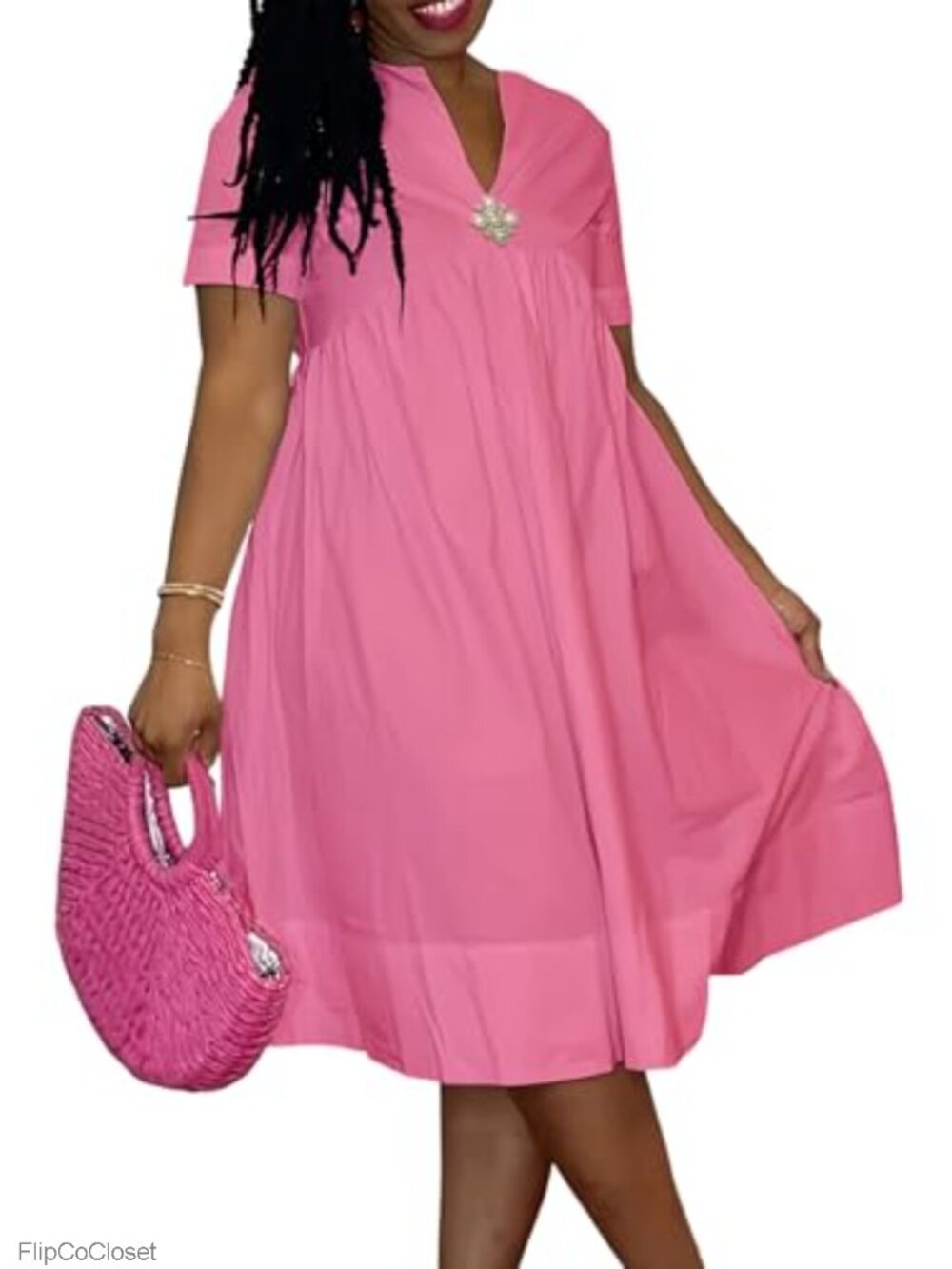 V-Neck Loose Fit A-Line Midi Babydoll Summer Dress with Sleeveless Design